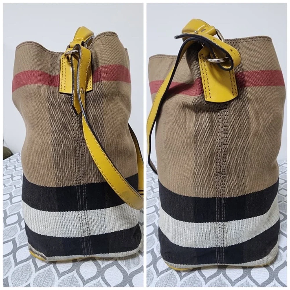 Authentic BURBERRY Canvas Mega Check Medium Ashby Hobo Saddle Bag Yellow/Beige